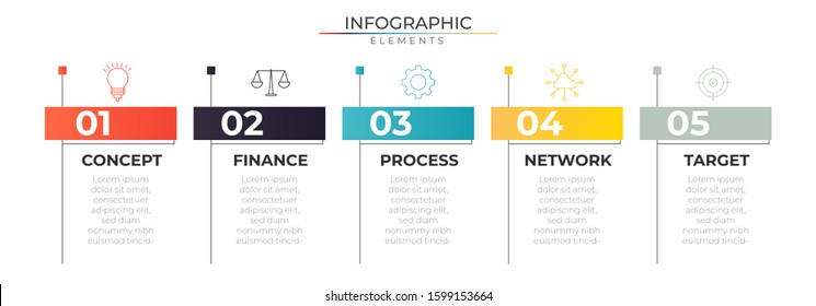 Simple infographic with 5 thin line steps and icons. Chart process template. Modern vector for company or corporate business project and presentation. Trendy Eps10 design
