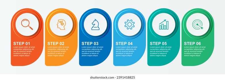 Simple infographic 6 parts or options, simple design with circles and square solid lines with colorful colors, icons, text and numbers, for presentations, flow diagrams and your business