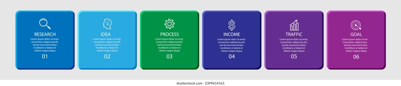 Simple infographic 6 parts or options, simple design with colorful colors, 
icons, text and numbers, for presentations, flow diagrams and your business
