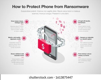 Simple infographic for 6 tips how to protect phone from ransomware attacks with smartphone, red padlock and chain, isolated on light background. Easy to use for your website or presentation.