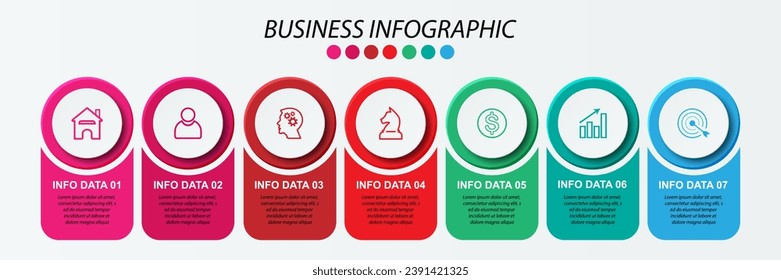 Simple infographic 7 parts or options, simple design with circles and square solid lines with colorful colors, icons, text and numbers, for presentations, flow diagrams and your business