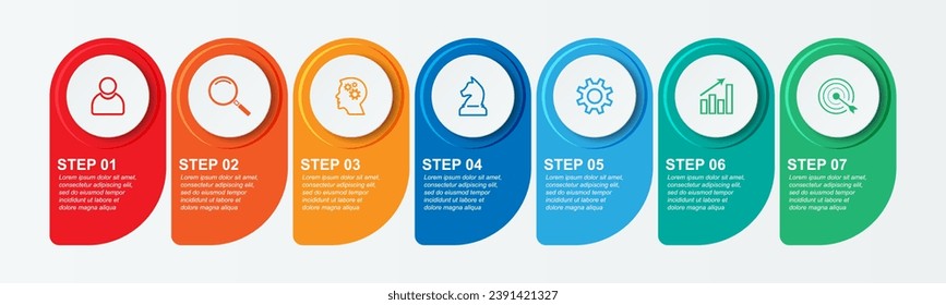 Einfache Infografik 7 Teile oder Optionen, einfaches Design mit Kreise und quadratischen Linien mit farbenfrohen Farben, Symbolen, Text und Zahlen, für Präsentationen, Flussdiagramme und Ihr Unternehmen