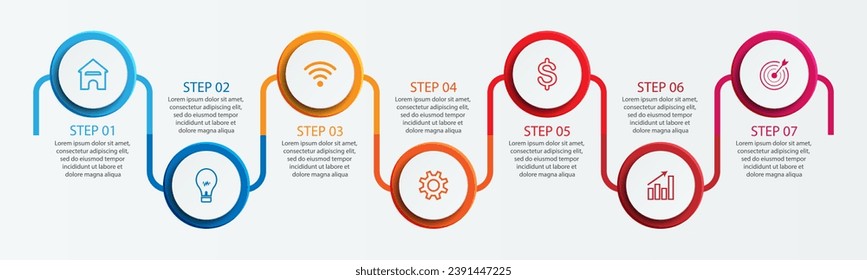 Simple infographic 7 parts or options, simple design with interrelated circles and lines with colorful colors, icons, text and numbers, for presentations, flow diagrams and your business