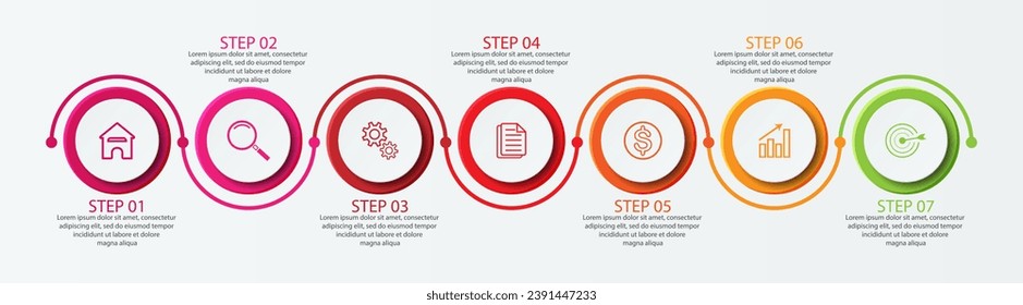 Simple infographic 7 parts or options, simple design with interrelated circles and lines with colorful colors, icons, text and numbers, for presentations, flow diagrams and your business