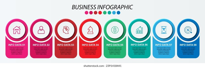 Simple infographic 8 parts or options, simple design with circles and square solid lines with colorful colors, icons, text and numbers, for presentations, flow diagrams and your business