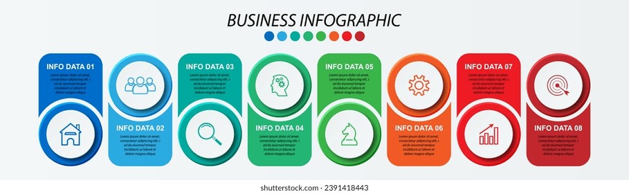 Simple infographic 8 parts or options, simple design with circles and square solid lines with colorful colors, icons, text and numbers, for presentations, flow diagrams and your business