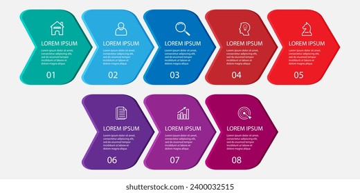Simple infographic 8 parts or options, simple design with colorful colors, icons, text and numbers, for presentations, flow diagrams and your business