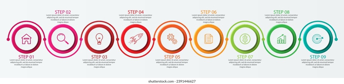 Simple infographic 9 parts or options, simple design with interrelated circles and lines with colorful colors, icons, text and numbers, for presentations, flow diagrams and your business