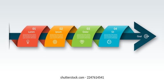 Plantilla de línea de tiempo simple de flecha de infografía con 4 pasos. Se puede usar para diseño web, diagrama, gráfico, gráfico, presentación de negocios.