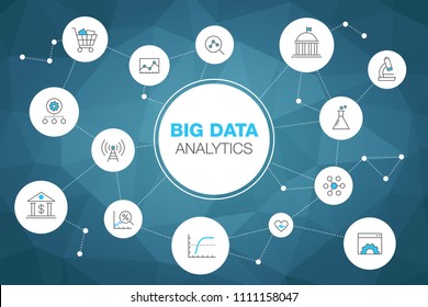 Simple infographic for big data analytics concept with stroke icons and blue accent isolated on dark teal polygonal background. Easy to use for your website or presentation.