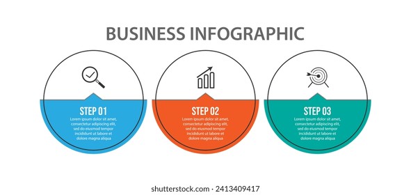 Simple infographic business with 3 parts or steps, there are icons, text, numbers. Can be used for presentation banners, workflow layouts, process diagrams, flow charts, infographics, your business pr