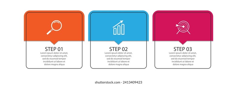 Simple infographic business with 3 parts or steps, there are icons, text, numbers. Can be used for presentation banners, workflow layouts, process diagrams, flow charts, infographics, your business pr