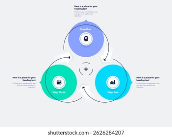 Infografía simple para análisis de negocios con tres etapas. Diseño plano con líneas delgadas e íconos para Sitio web o presentación de datos.