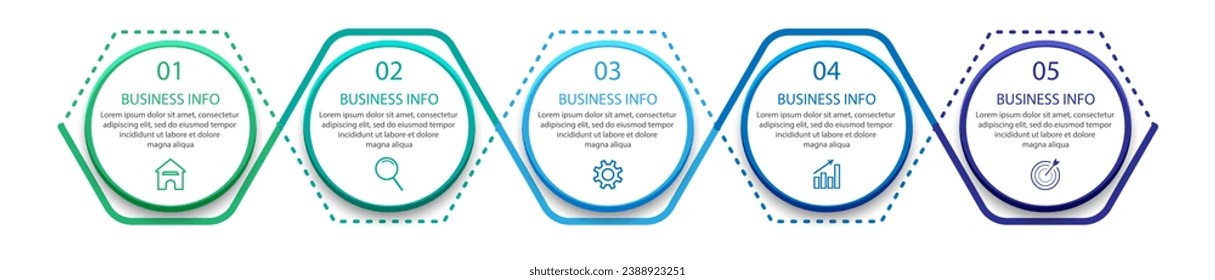 simple infographic business vector with 5 interconnected parts and options with color lines, icons, tex, numbers, options.
good for your business