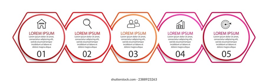 simple infographic business vector with 5 interconnected parts and options with color lines, icons, tex, numbers, options.
good for your business