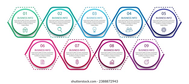 simple infographic business vector with 9 interconnected parts with color lines, icons, tex, numbers, options.
good for your business
