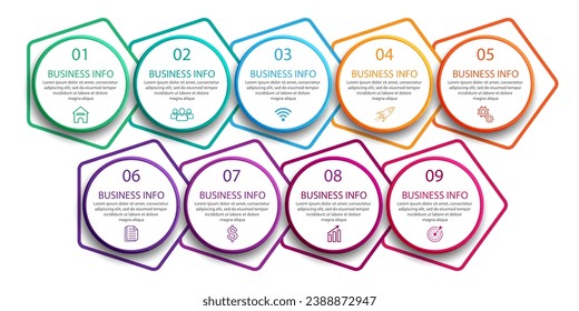simple infographic business vector with 9 interconnected parts with color lines, icons, tex, numbers, options.
good for your business