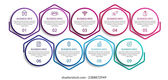 simple vector de negocio infográfico con 9 piezas interconectadas con líneas de color, iconos, tex, números, opciones.
bueno para su negocio