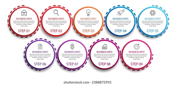 simple infographic business vector with 9 interconnected parts with color lines, icons, tex, numbers, options.
good for your business