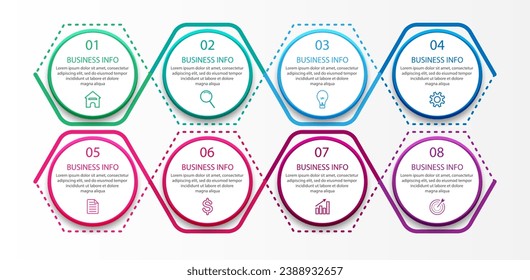 simple infographic business vector design with 8 interconnected sections and options with color lines, icons, tex, numbers, options.
good for your business