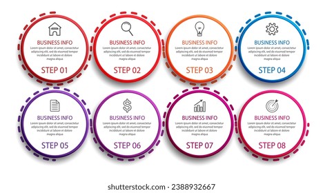 simple infographic business vector design with 8 interconnected sections and options with color lines, icons, tex, numbers, options.
good for your business