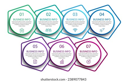 simple infographic business vector design with 7 interconnected sections and options with color lines, icons, tex, numbers, options.
good for your business