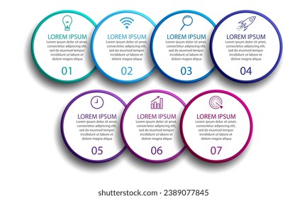 simple infographic business vector design with 7 interconnected sections and options with color lines, icons, tex, numbers, options.
good for your business