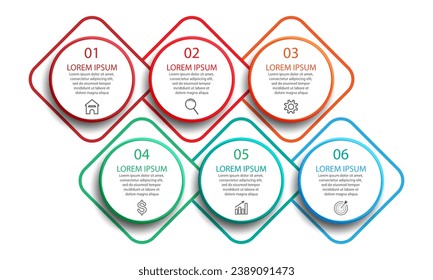 einfaches infografisches Business-Vektordesign mit 6 miteinander verbundenen Abschnitten und Optionen mit Farblinien, Symbolen, Text, Zahlen, Optionen.
gut für Ihr Unternehmen