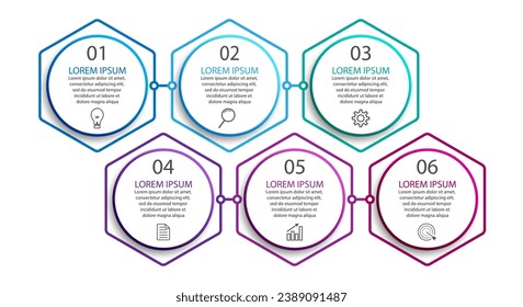 diseño simple de vectores de negocio de infografía con 6 secciones y opciones interconectadas con líneas de color, iconos, tex, números, opciones.
bueno para su negocio