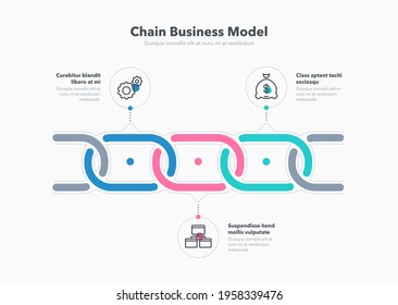 Simple infographic for chain business model with 3 process steps. Flat design, easy to use for your website or presentation.