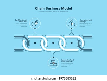 Simple infographic for chain business model with 3 process steps - blue version. Flat design, easy to use for your website or presentation.