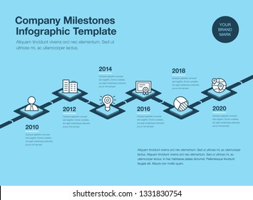 Simple infographic for company milestones timeline template with 3d rhombus and line icons isolated on blue background. Easy to use for your website or presentation.