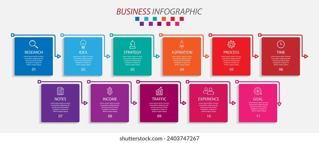 simple infographic design with 11 parts or steps, interconnected square shapes with colorful colors, for flow diagrams, banners or your business presentations