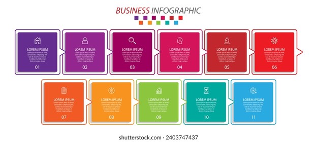 simple infographic design with 11 parts or steps, interconnected square shapes with colorful colors, for flow diagrams, banners or your business presentations