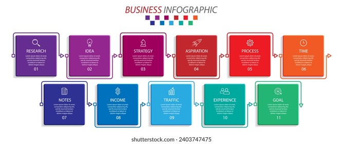 simple infographic design with 11 parts or steps, interconnected square shapes with colorful colors, for flow diagrams, banners or your business presentations