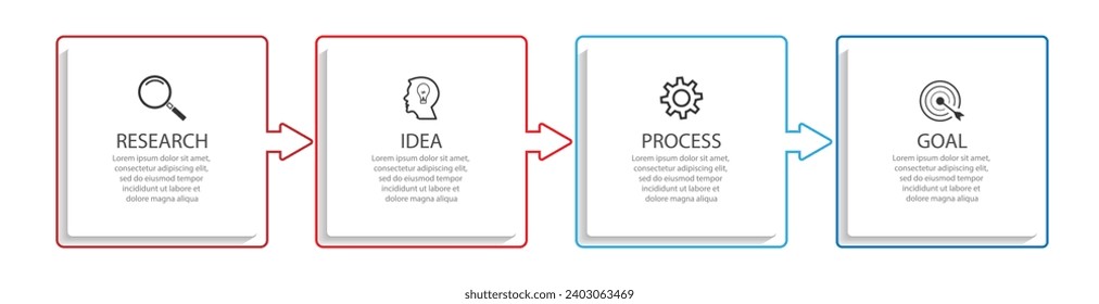 simple infographic design with 4 parts or steps, interconnected square shapes with thin colored lines, for flow diagrams, banners or your business presentation