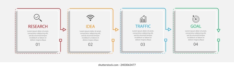 simple infographic design with 4 parts or steps, interconnected square shapes with thin colored lines, for flow diagrams, banners or your business presentation