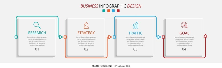 simple infographic design with 4 parts or steps, interconnected square shapes with thin colored lines, for flow diagrams, banners or your business presentation