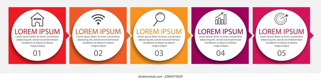 simple infographic design, 5 step infographics that are interconnected with icons, symbols, text combined with harmonious colors, good for your business presentation
