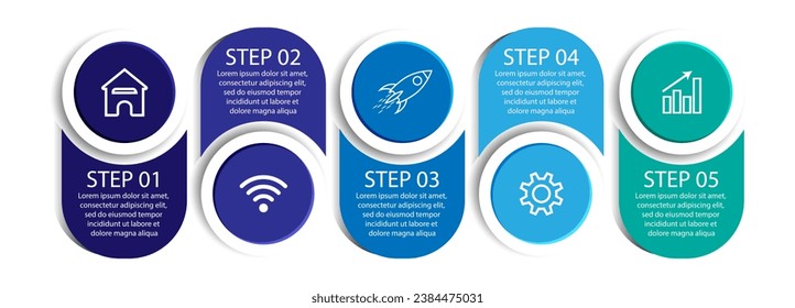 simple infographic design, 5 step infographics that are interconnected with icons, symbols, text combined with harmonious colors, good for your business presentation