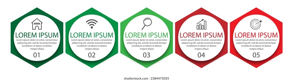 diseño infográfico simple, infografías de 5 pasos interconectadas con iconos, símbolos, texto combinado con colores armoniosos, bueno para su presentación empresarial