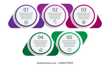 diseño infográfico simple, infografías de 5 pasos interconectadas con iconos, símbolos, texto combinado con colores armoniosos, bueno para su presentación empresarial
