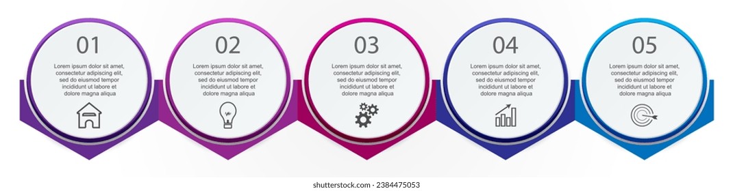 diseño infográfico simple, infografías de 5 pasos interconectadas con iconos, símbolos, texto combinado con colores armoniosos, bueno para su presentación empresarial
