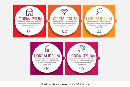 diseño infográfico simple, infografías de 5 pasos interconectadas con iconos, símbolos, texto combinado con colores armoniosos, bueno para su presentación empresarial