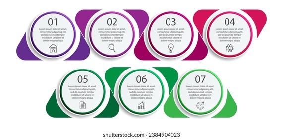 einfaches Infografik-Design, 7 Schritt-Infografiken, die mit Symbolen, Symbolen, Texten kombiniert mit harmonischen Farben verbunden sind, gut für Ihre Geschäftspräsentation