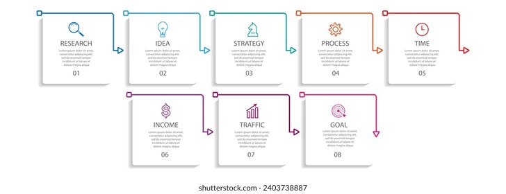 simple infographic design with 8 parts or steps, interconnected square shapes with thin colored lines, for flow diagrams, banners or your business presentation