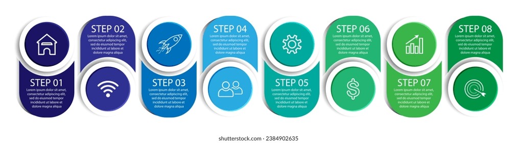 simple infographic design, 8 step infographics that are interconnected with icons, symbols, text combined with harmonious colors, good for your business presentation