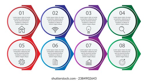 simple infographic design, 8 step infographics that are interconnected with icons, symbols, text combined with harmonious colors, good for your business presentation