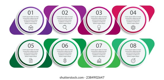 simple infographic design, 8 step infographics that are interconnected with icons, symbols, text combined with harmonious colors, good for your business presentation