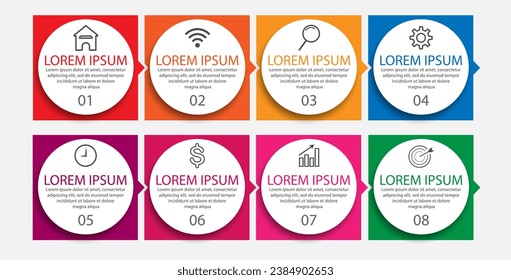 diseño infográfico simple, infografías de 8 pasos que están interconectadas con iconos, símbolos, texto combinado con colores armoniosos, bueno para su presentación empresarial